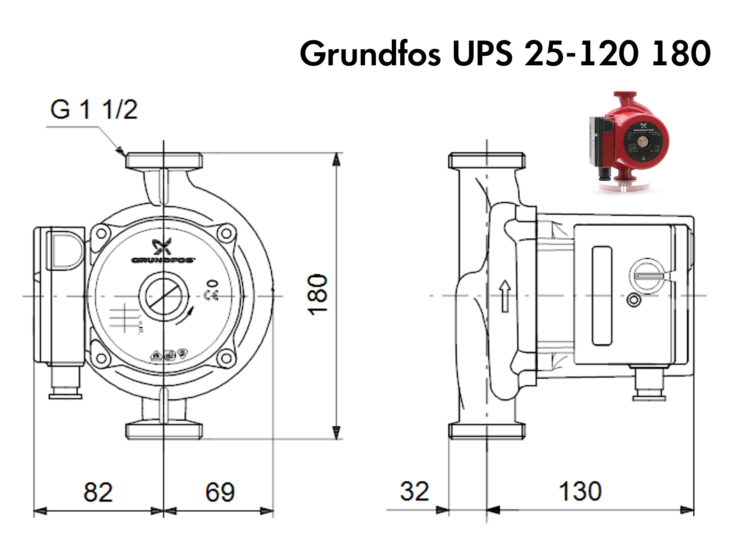  Габаритні креслення насоса Grundfos UPS 25-120 180 