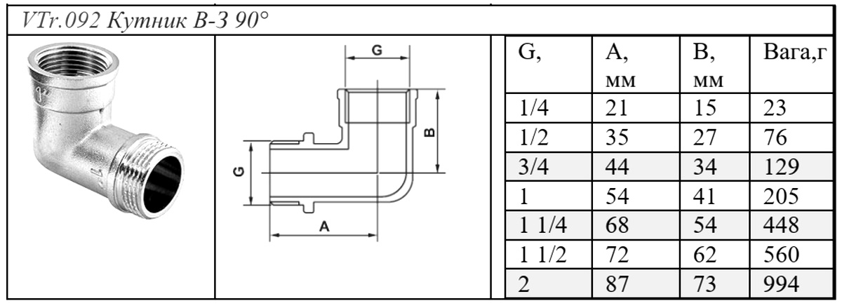 VTr.092.N.0008 кутник різьбовий 90° 1 1/2" Valtec габаритні розміри