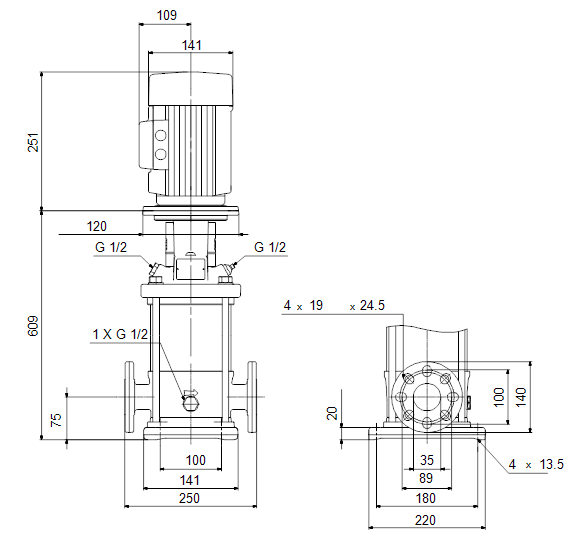 Габаритный чертеж GRUNDFOS CR 1-21