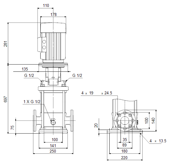 Габаритный чертеж насоса GRUNDFOS CR 1-25