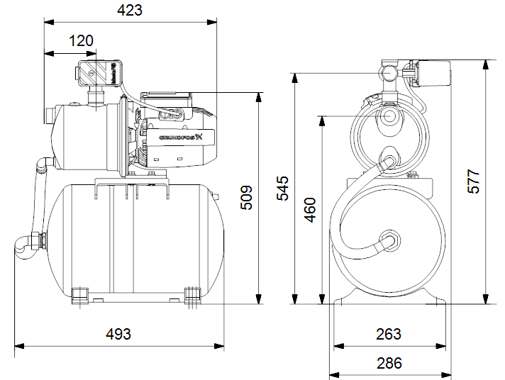 Габаритный чертеж насосной станции Grundfos JP 5-48 S-BBVP